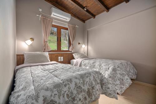 a bedroom with two beds and a window at Chalet Perivoli in Perivólion