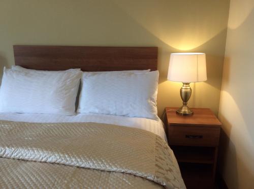 a bed with white pillows and a lamp on a night stand at Edenroe in Dungiven