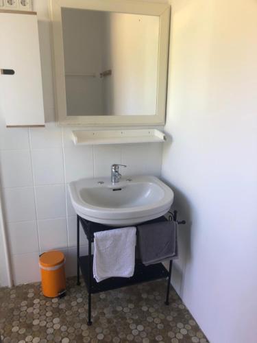 a bathroom with a sink and a mirror at Glück in Benrath in Düsseldorf