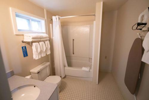 a bathroom with a shower and a toilet and a sink at Days Inn by Wyndham Bar Harbor in Bar Harbor
