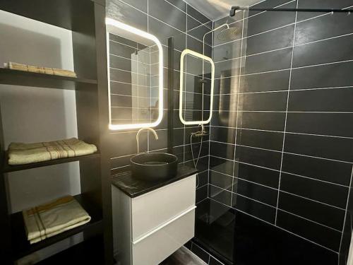 La salle de bains est pourvue d'un lavabo et de deux miroirs. dans l'établissement Centre ville Dijon Wilson *Chez Charles* 2Ch, à Dijon