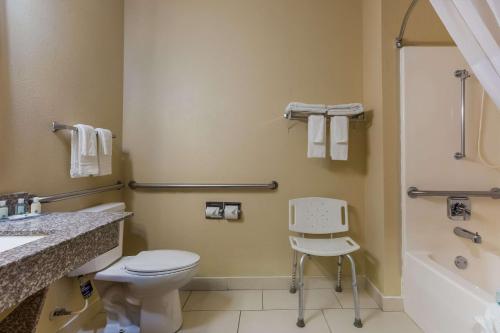 y baño con aseo, lavabo y ducha. en Quality Inn Galesburg near US Highway 34 and I-74 en Galesburg