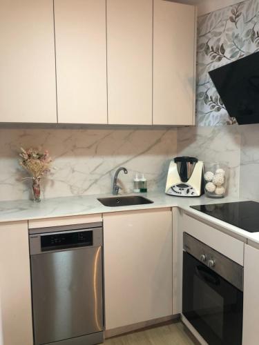 a kitchen with white cabinets and a stainless steel dishwasher at Habitación con Smart tv en piso compartido con baño privado o compartido Malaga Sol in Málaga