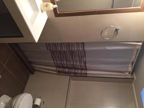 a bathroom with a shower curtain and a mirror at Apollon Hotel in Sitia