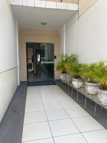 een toegang tot een gebouw met potplanten bij Apartamento Day in Cuiabá