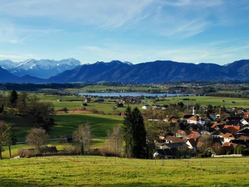 a town in a field with mountains in the background at Alpenhof Murnau in Murnau am Staffelsee