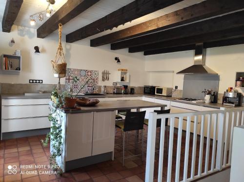 a kitchen with a large island in a room at Belle maison provençale in Castellane