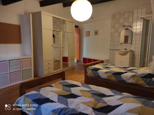 a bedroom with two beds and a mirror at Belle maison provençale in Castellane