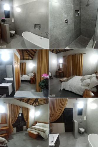 a collage of four pictures of a bedroom and a bathroom at Kataluma in Pretoria