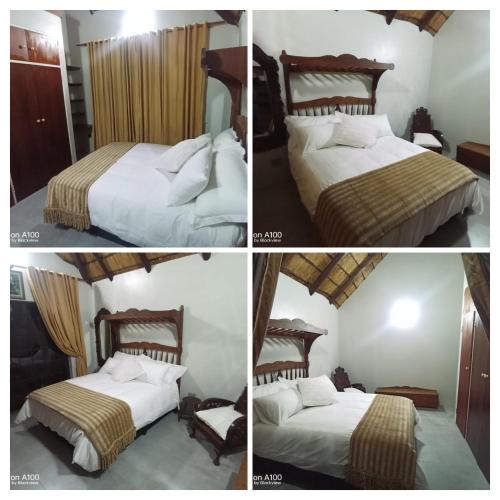 three pictures of a hotel room with two beds at Kataluma in Pretoria