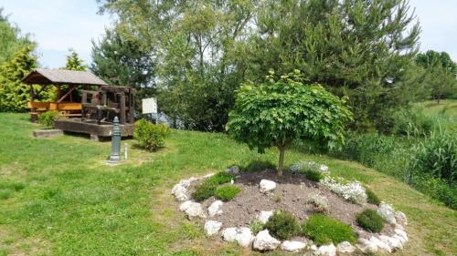 a tree in the middle of a yard with a gazebo at Sárberki Horgásztó in Lenti