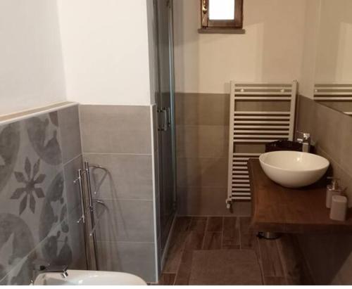 a bathroom with a sink and a toilet and a shower at b&b La Divina Pietra in Carnola