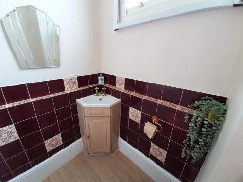 een kleine badkamer met een wastafel en een spiegel bij Wokingham - Central 2 beds home with parking in Wokingham