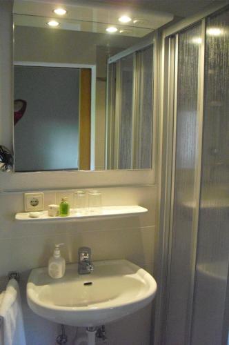 a bathroom with a sink and a mirror and a shower at Dependance Villnerhof in Egna