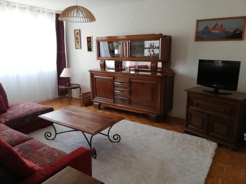 uma sala de estar com um sofá, uma televisão e uma mesa em Le Jeandrée em Annecy