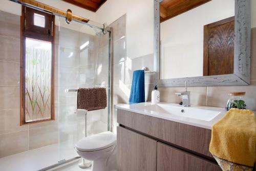 a bathroom with a sink and a toilet and a shower at Casa Barranco de la Sal in Puerto del Rosario