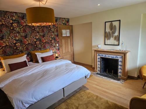 a bedroom with a bed and a fireplace at Les chambres de la Vaulx-Renard in La Gleize