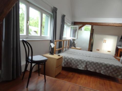 um quarto com uma cama, uma cadeira e janelas em Landhof Ott em Wolfsgraben