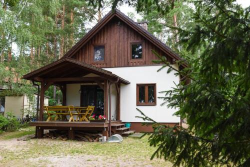 a cabin in the woods with a wooden roof at Apartament Pod Świerkami in Małe Swornigacie