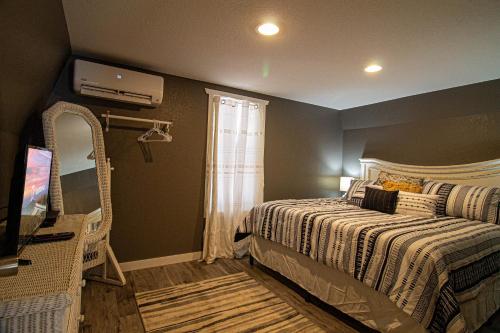 1 dormitorio con cama, espejo y TV en Mountain Haven Dragon's Nest Cabin, en Robbinsville