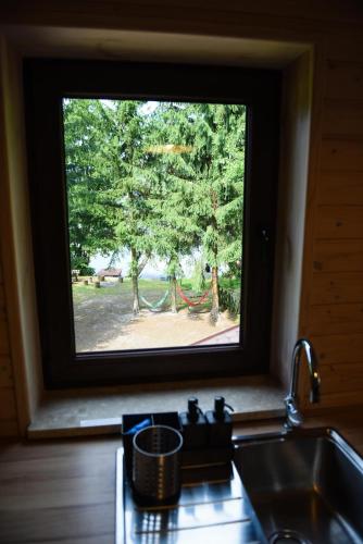 a kitchen with a window over a sink and a stove at Apartament Pod Świerkami in Małe Swornegacie