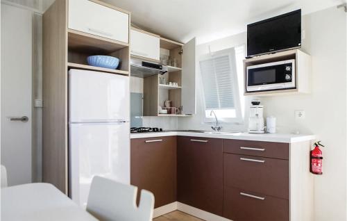 una pequeña cocina con nevera y microondas en Stunning Home In Hvide Sande With 2 Bedrooms, Wifi And Indoor Swimming Pool en Hvide Sande