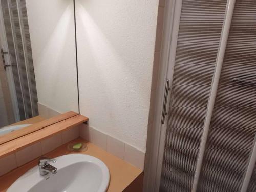 une salle de bain avec un lavabo et un miroir dans l'établissement Paradiski proche vanoise express plan peisey, à Peisey-Nancroix