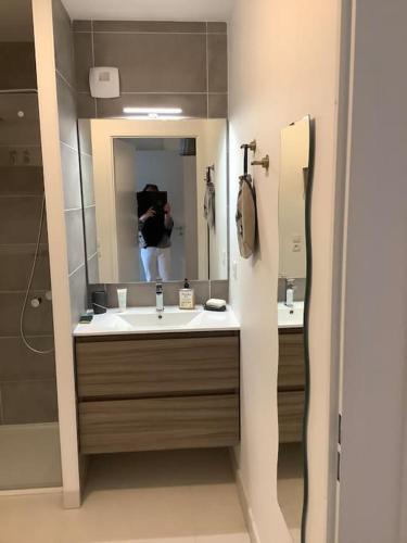 une salle de bain avec un lavabo et un miroir dans l'établissement Carnac grand appartement cosy 2 personnes, à Carnac