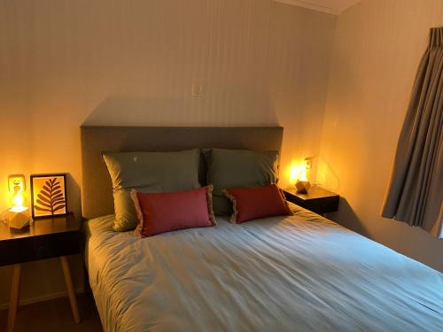 1 dormitorio con 1 cama con 2 almohadas y 2 lámparas en Chalet de Vinck in Diever, en Diever