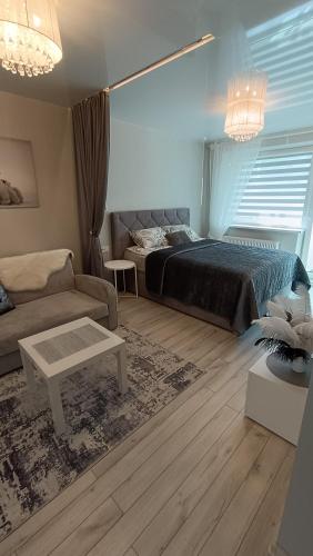 ドルスキニンカイにあるMEŠKUTĖS APARTAMENTAIのベッドとソファとテーブルのある寝室