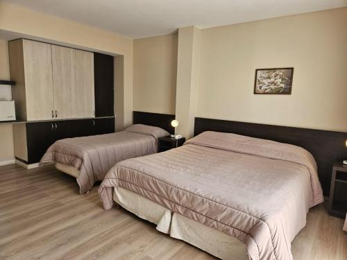 a hotel room with two beds and a window at DAKAR HOTEL in Mendoza