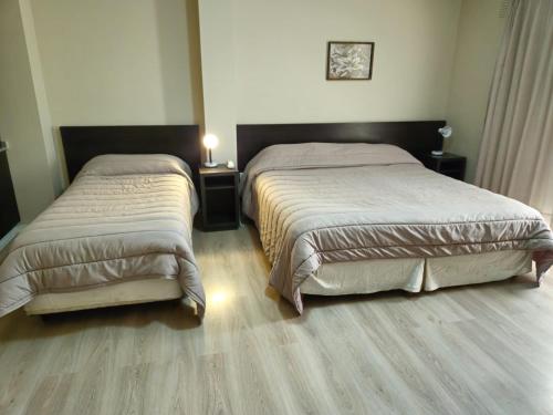 a bedroom with two beds and two lamps on tables at DAKAR HOTEL in Mendoza