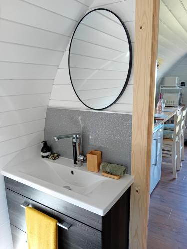 a bathroom with a sink and a mirror at Coombs glamping pods in Danby