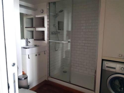 une douche en verre dans une salle de bain avec un lavabo dans l'établissement bnbgônes - Le Désiré - HYPER CENTRE VILLE - METRO Hôtel de Ville à 1 mn, à Lyon