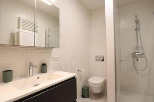 ein Bad mit einem Waschbecken, einem WC und einer Dusche in der Unterkunft Central fully serviced studio in Luxemburg (Stadt)
