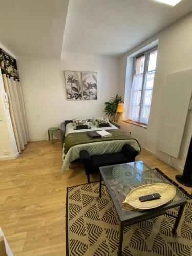 - une chambre avec un lit et une table dans l'établissement Le Studio, à Montauban