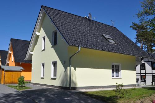 una casa blanca y verde con techo negro en Ferienhaus Müritzperle, en Marienfelde