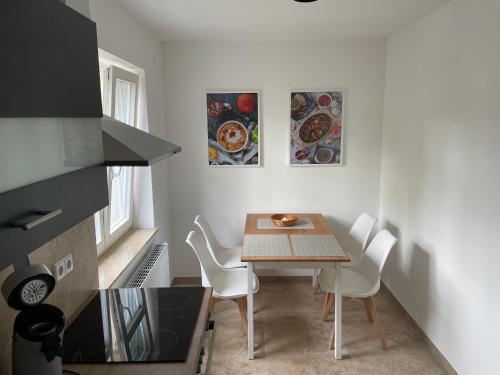 a small kitchen with a table and chairs in a room at Ferienwohnung-Elbland in Coswig