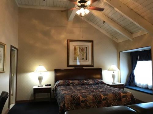 a bedroom with a bed and a ceiling fan at Bay Valley Resort in Bay City