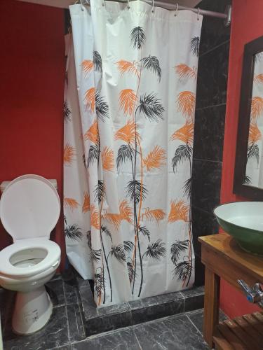 a bathroom with a shower curtain with a toilet at Complejo Las Palmeras Casa 1 in San Clemente del Tuyú