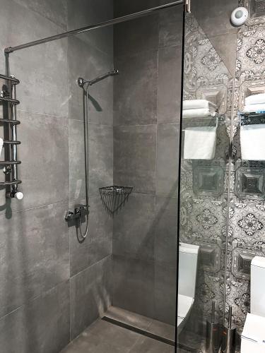 a shower with a glass door in a bathroom at Aleanda in Chernivtsi