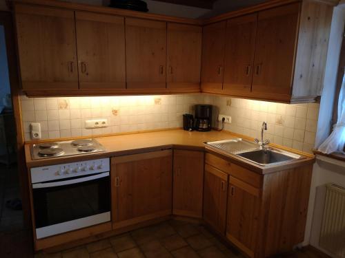eine kleine Küche mit Holzschränken und einer Spüle in der Unterkunft Ferienwohnung Niklas in Saulgrub