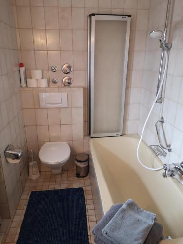 a small bathroom with a tub and a toilet at Ferienwohnung Niklas in Saulgrub