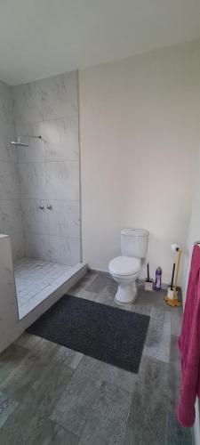 a white bathroom with a toilet and a shower at Lake-front Delux home in Mponda