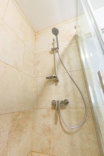 une douche avec pommeau de douche dans une salle de bain dans l'établissement La Suite Littéraire, 5mn du ZooParc de Beauval, à Saint-Aignan