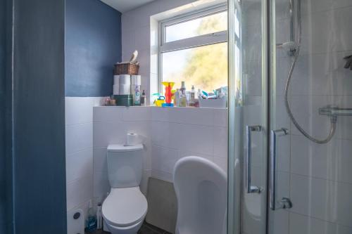 a bathroom with a toilet and a shower and a window at Milton Keynes Cosy Guest House in Milton Keynes