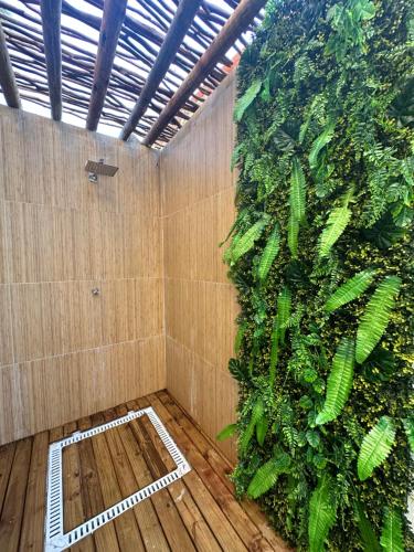 a room with a green wall next to a wooden floor at Casa Natture Patacho in Pôrto de Pedras