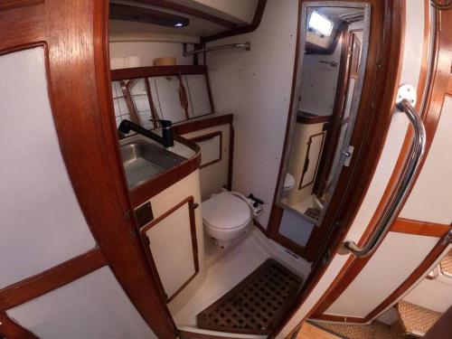 a small bathroom with a toilet and a sink at Voilier traditionnel, tout confort et au calme in Gruissan