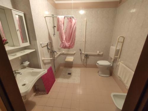 uma casa de banho com um lavatório, um WC e um chuveiro em Albergo Al Trieste em Nimis