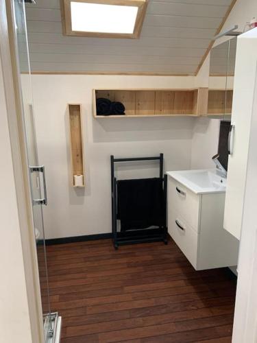 une salle de bain avec une douche, un lavabo et un miroir dans l'établissement Le Majol, à La Chapelle-sur-Furieuse